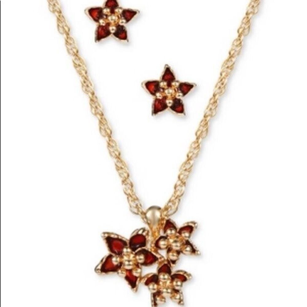 NIB Charter Club Gold-Tone Poinsettia Pendant Necklace and Stud Earrings